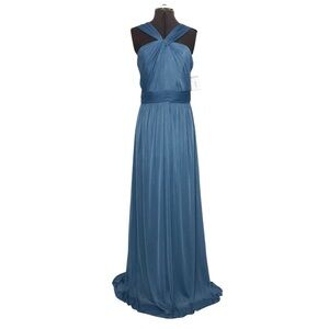 DAVID’S Bridal Steel Blue Mesh Y Neck Back Zipper Lined Long Bridesmaid Dress 10